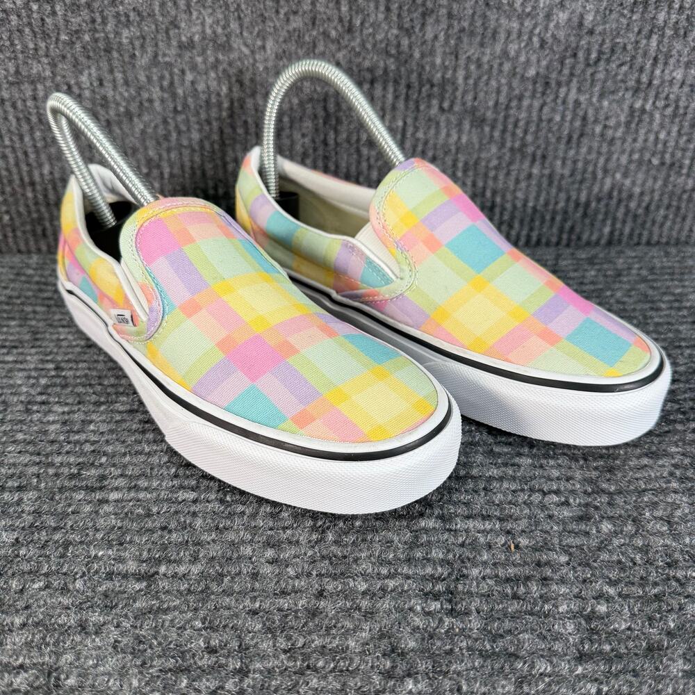 Vans Classic Slip-On Womens 6.5 Pastel Plaid Check Pink Yellow Blue Shoes